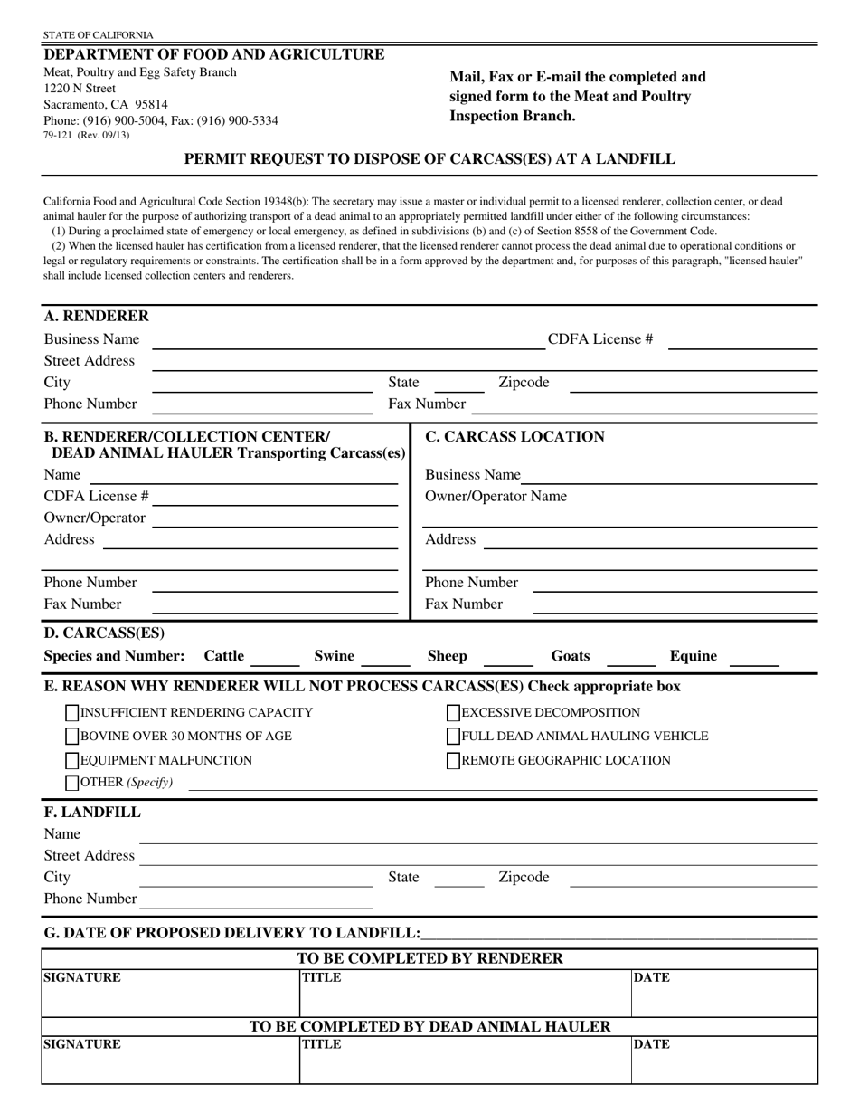 Form 79-121 Permit Request to Dispose of Carcass(Es) at a Landfill - California, Page 1