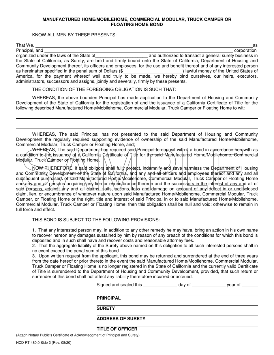 Form HCD RT480.0 Download Fillable PDF or Fill Online Bond or ...