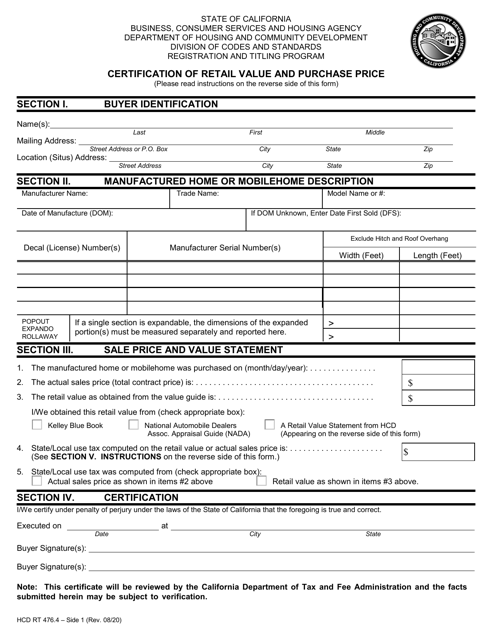 Form HCD RT476.4 Certification of Retail Value and Purchase Price - California