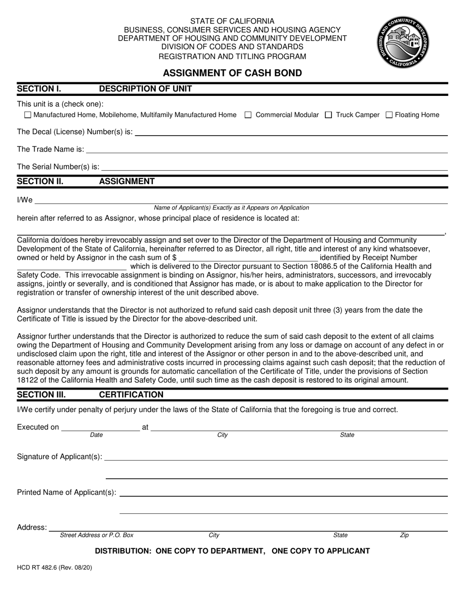 Form HCD RT482.6 Assignment of Cash Bond - California, Page 1