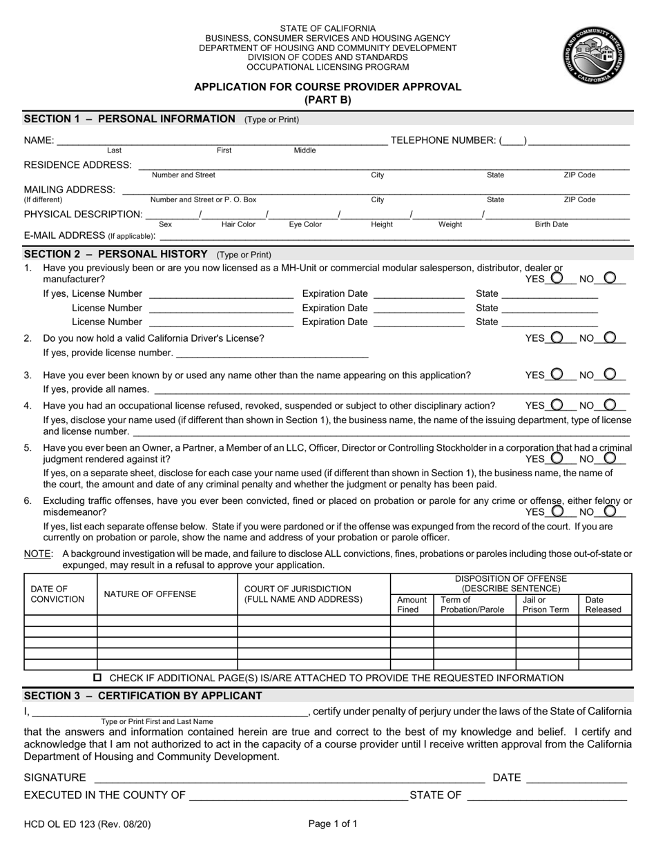 Form HCD OL ED123 Part B Application for Course Provider Approval - California, Page 1