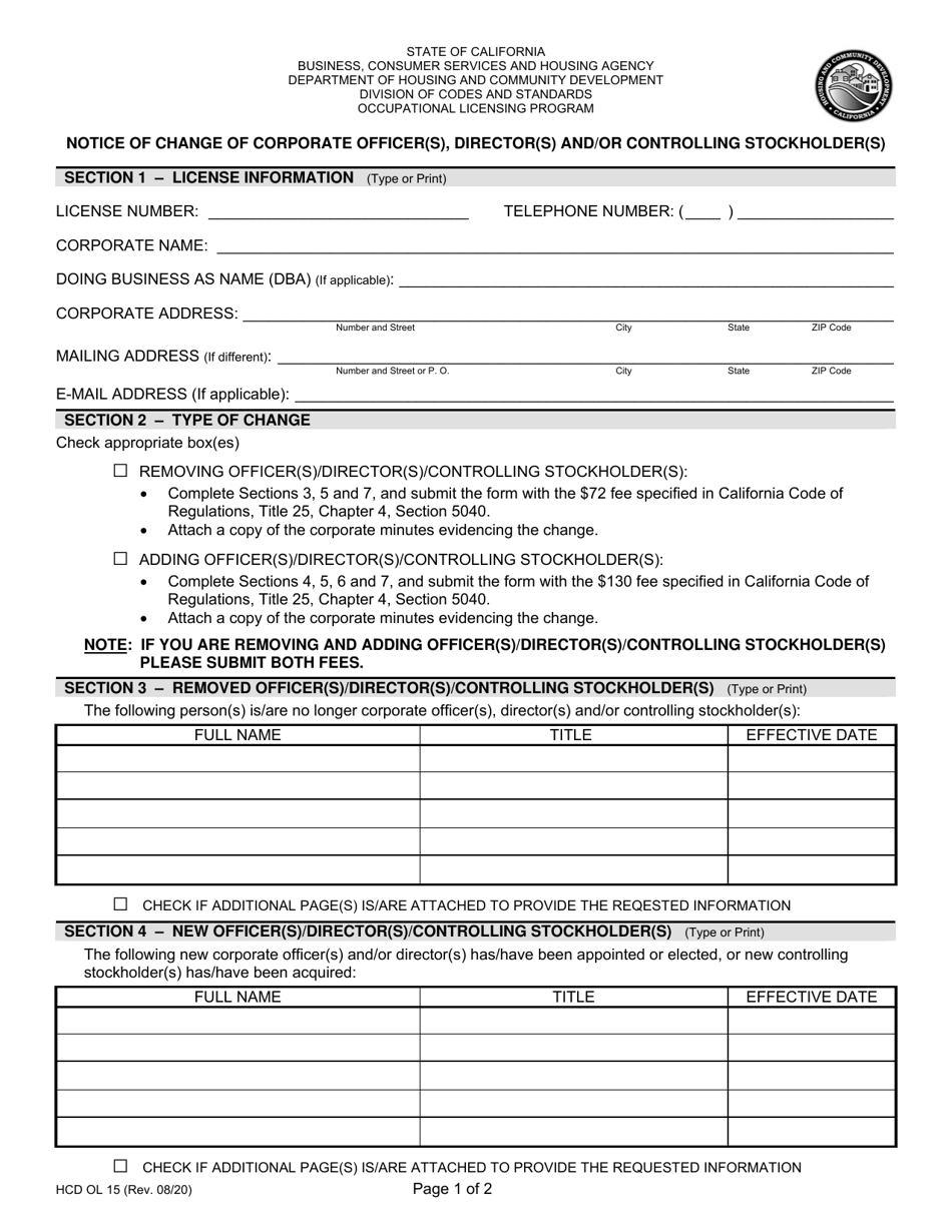 Form HCD OL15 Notice of Change of Corporate Officer(S), Director(S) and / or Controlling Stockholder(S) - California, Page 1