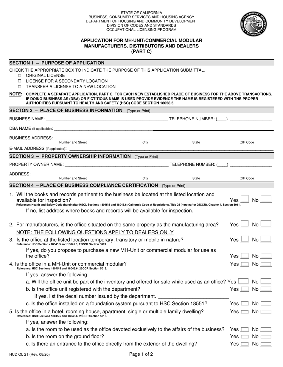 Form HCD OL21 Part C Application for Mh-Unit / Commercial Modular Manufacturers, Distributors and Dealers - California, Page 1