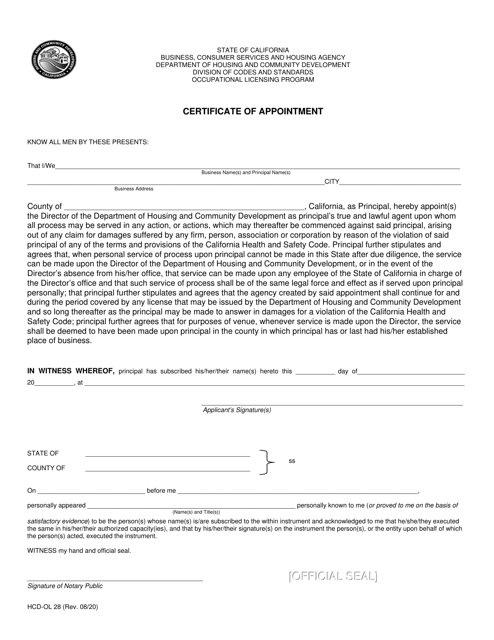 Form HCD OL28 Certificate of Appointment - California