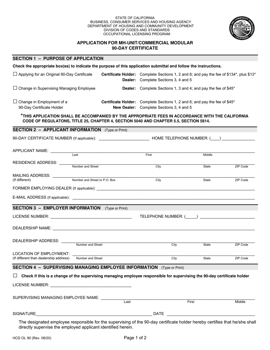 Form HCD OL90 Application for Mh-Unit / Commercial Modular 90-day Certificate - California, Page 1