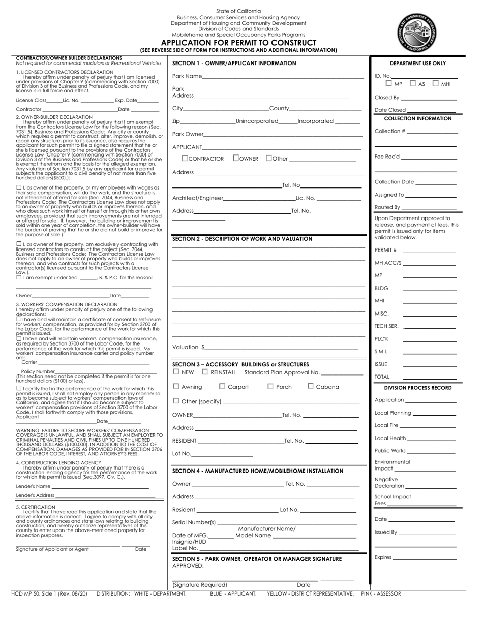 Form HCD MP50 - Fill Out, Sign Online and Download Fillable PDF