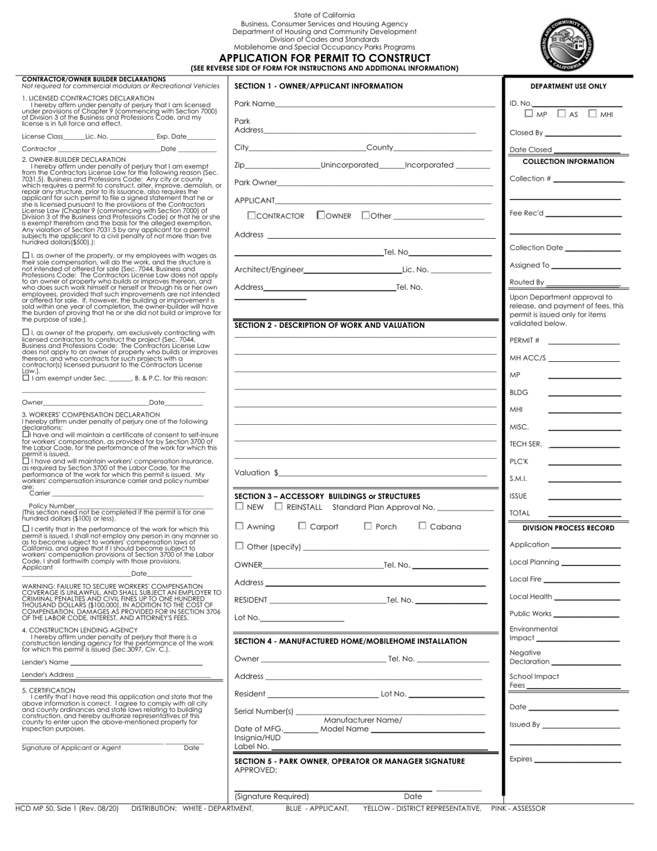 Form HCD MP50 Application for Permit to Construct - California, Page 1