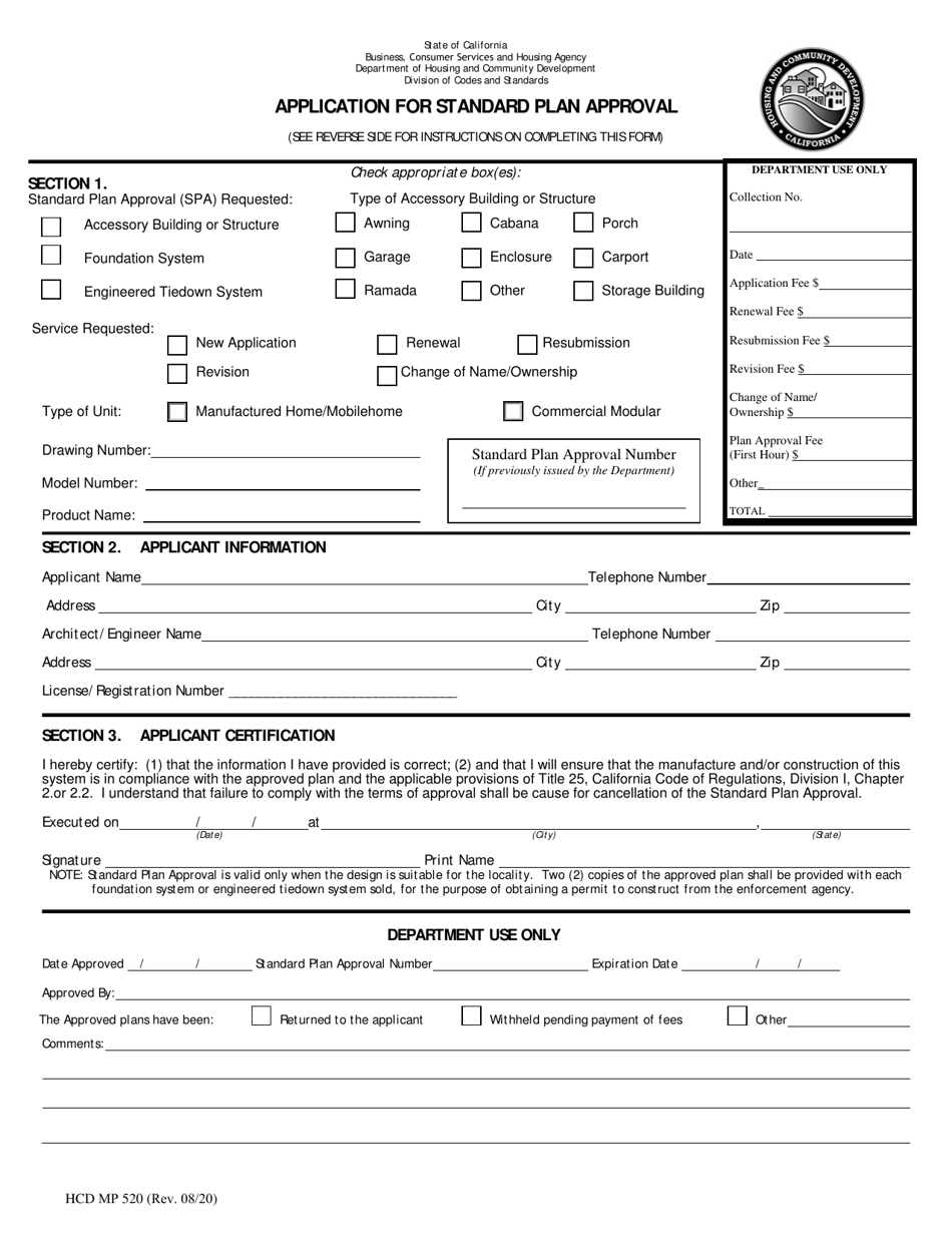 Form HCD MP520 Application for Standard Plan Approval - California, Page 1
