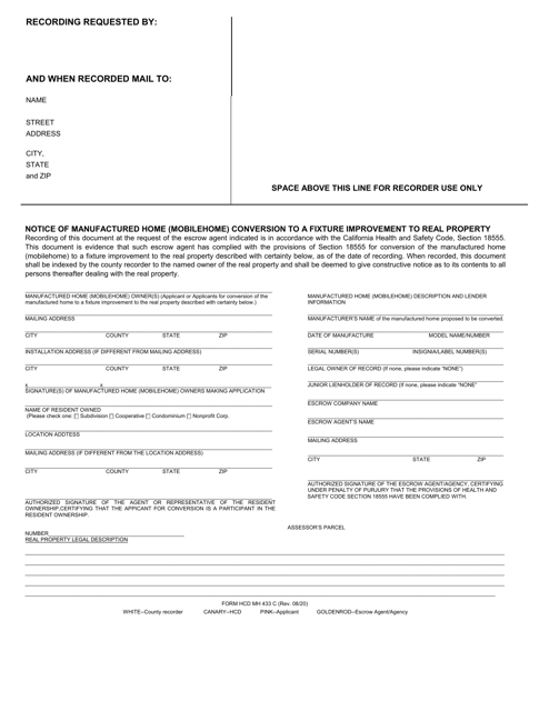 Form HCD MH433 C Notice of Manufactured Home (Mobilehome) Conversion to a Fixture Improvement to Real Property - California