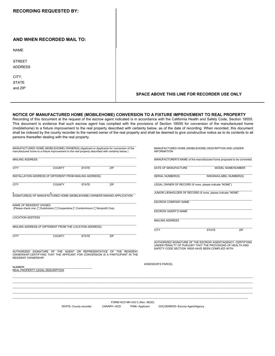 Form HCD MH433 C Notice of Manufactured Home (Mobilehome) Conversion to a Fixture Improvement to Real Property - California, Page 1