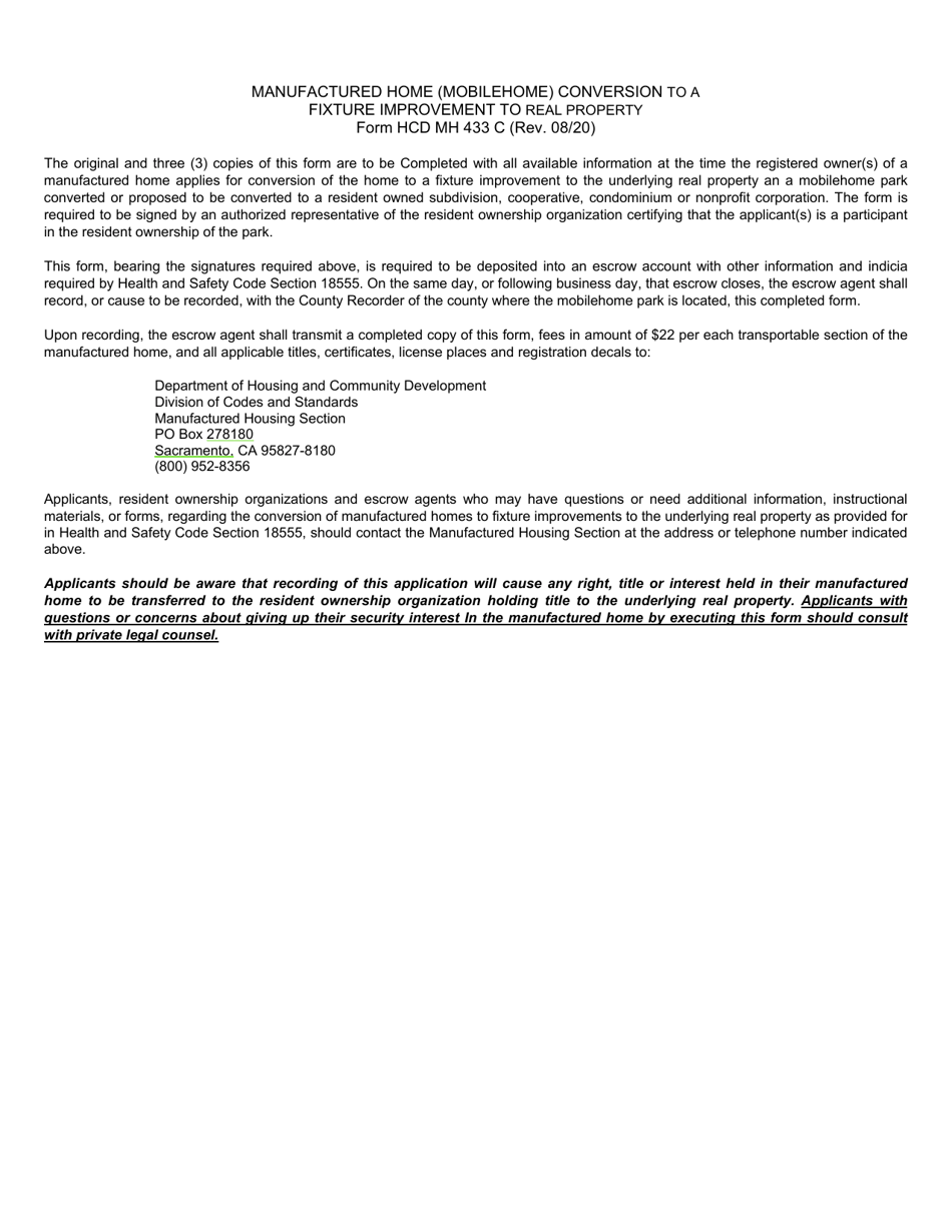 Form HCD MH433 C Notice of Manufactured Home (Mobilehome) Conversion to a Fixture Improvement to Real Property - California, Page 2