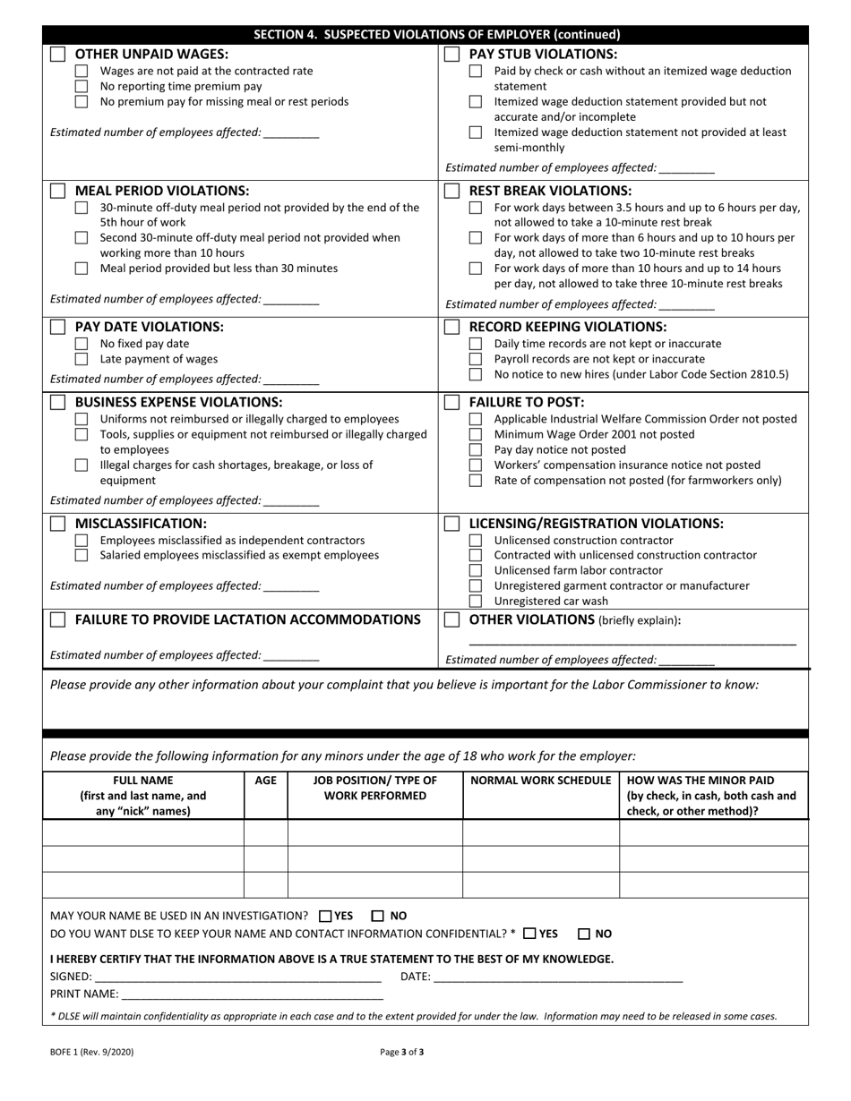 Form BOFE1 Report of Labor Law Violation - California, Page 3