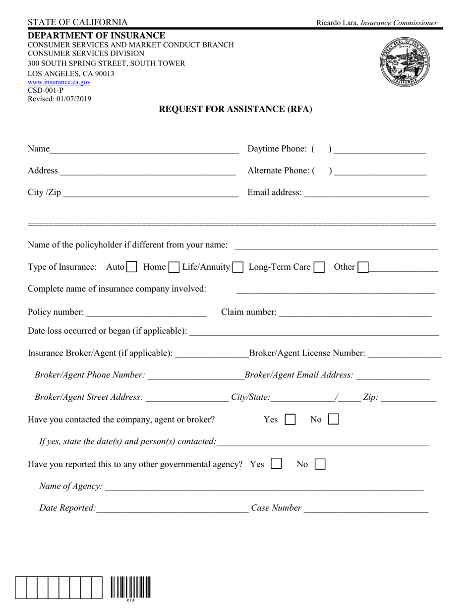 Form CSD-001-P Request for Assistance (Rfa) - California, Page 1