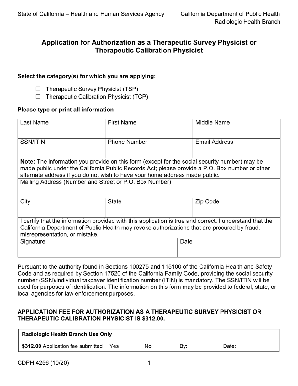 Form CDPH4256 Application for Authorization as a Therapeutic Survey Physicist or Therapeutic Calibration Physicist - California, Page 1