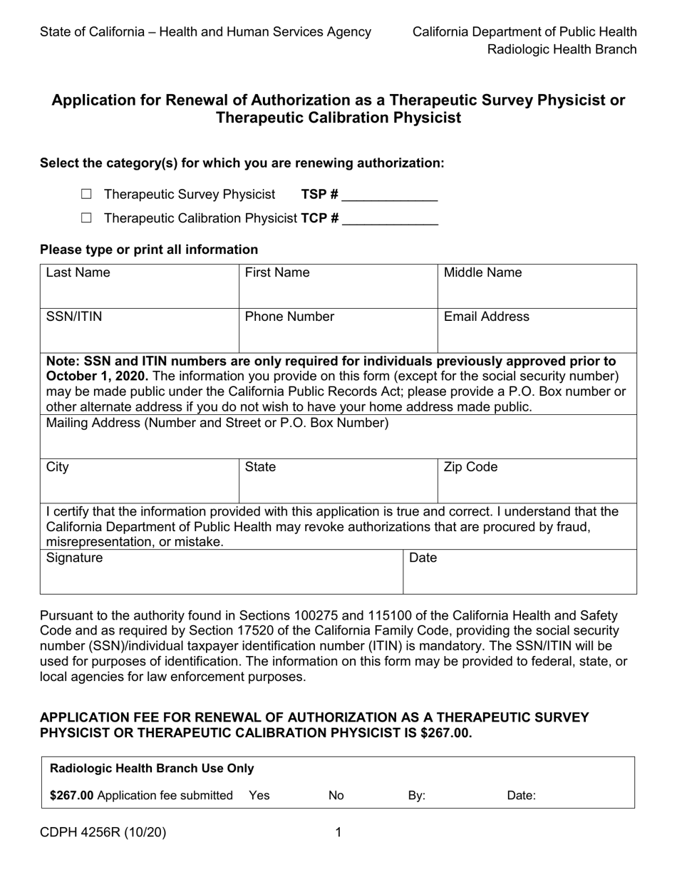 Form CDPH4256R Application for Renewal of Authorization as a Therapeutic Survey Physicist or Therapeutic Calibration Physicist - California, Page 1