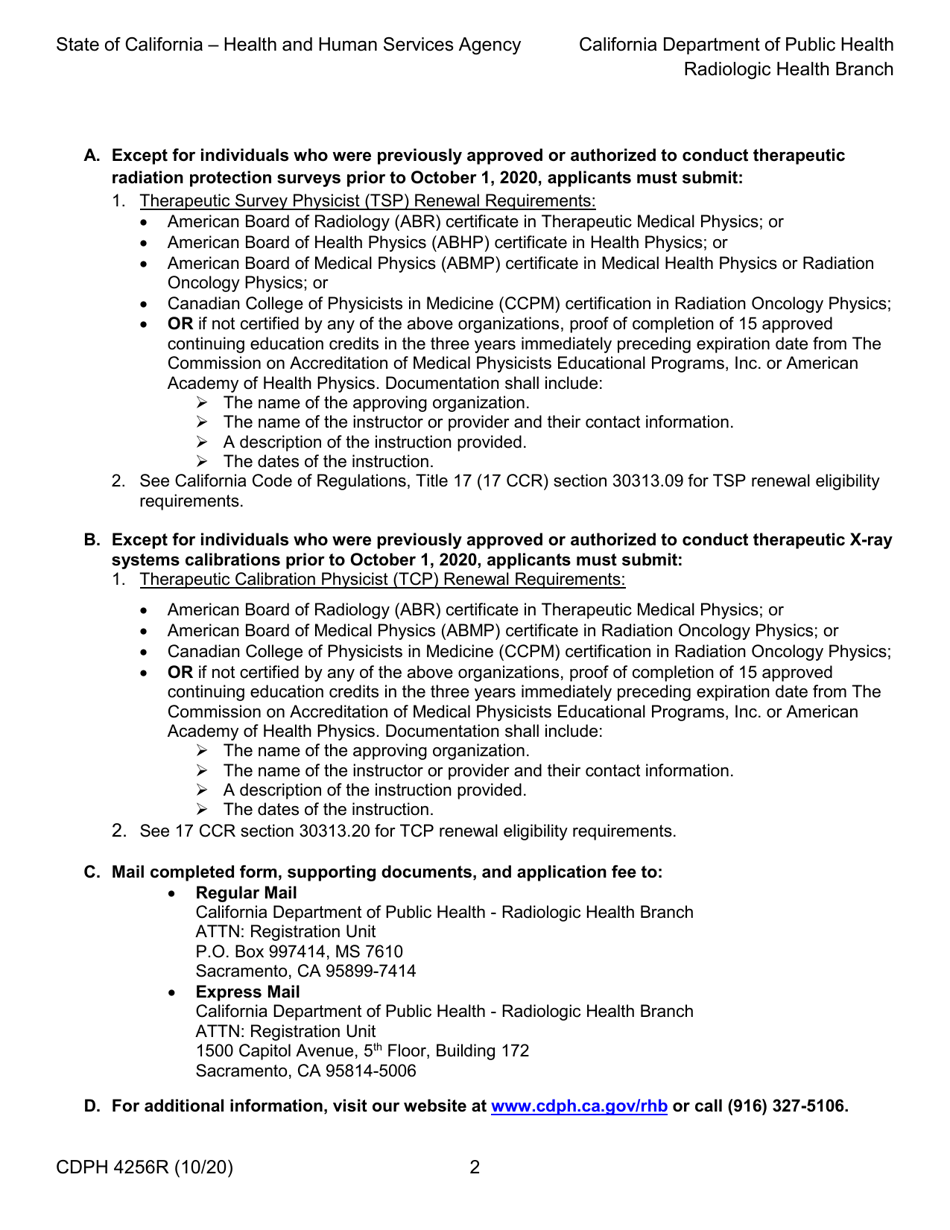 Form CDPH4256R Application for Renewal of Authorization as a Therapeutic Survey Physicist or Therapeutic Calibration Physicist - California, Page 2
