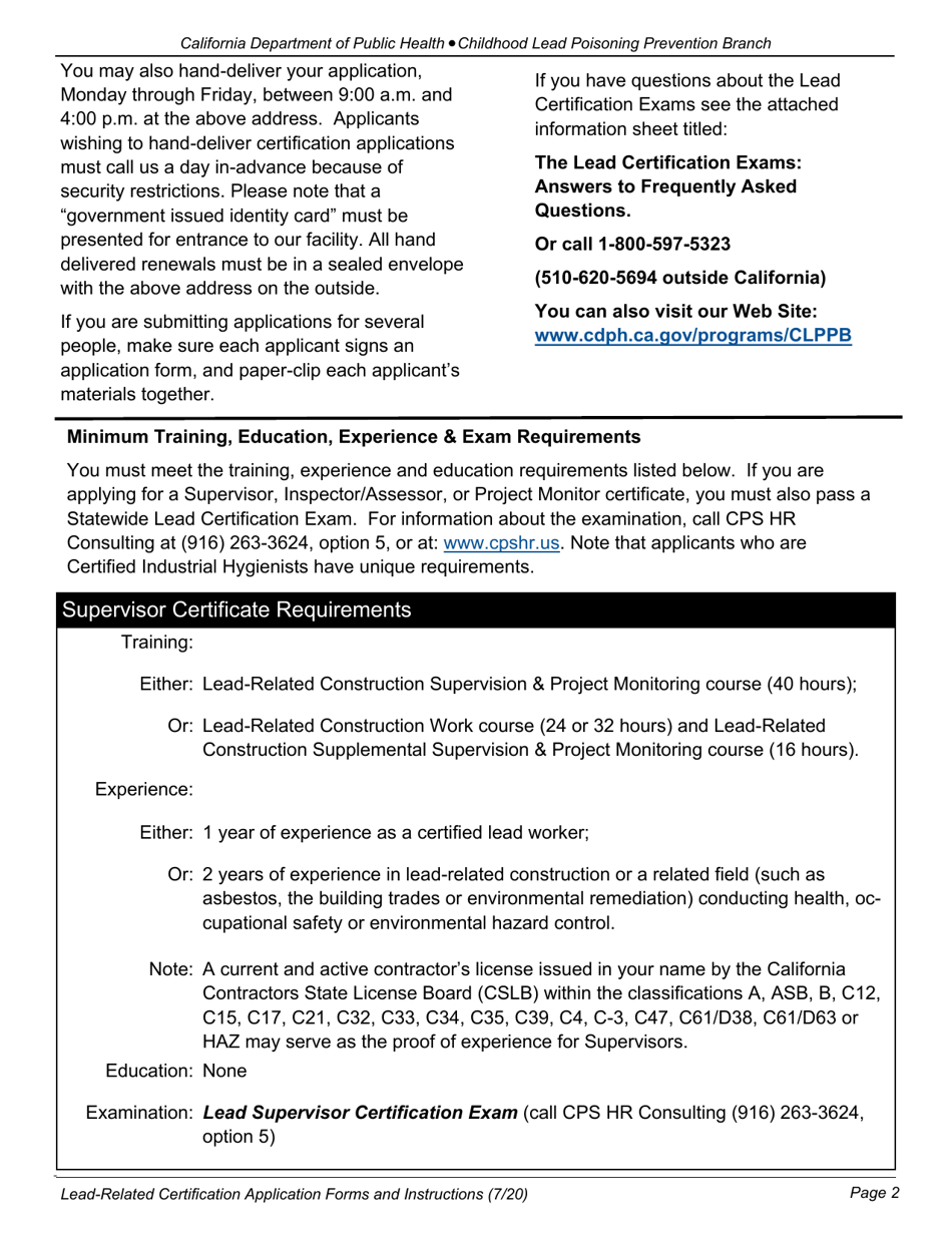 Form CDPH8488 Application for Lead Certification - California, Page 2