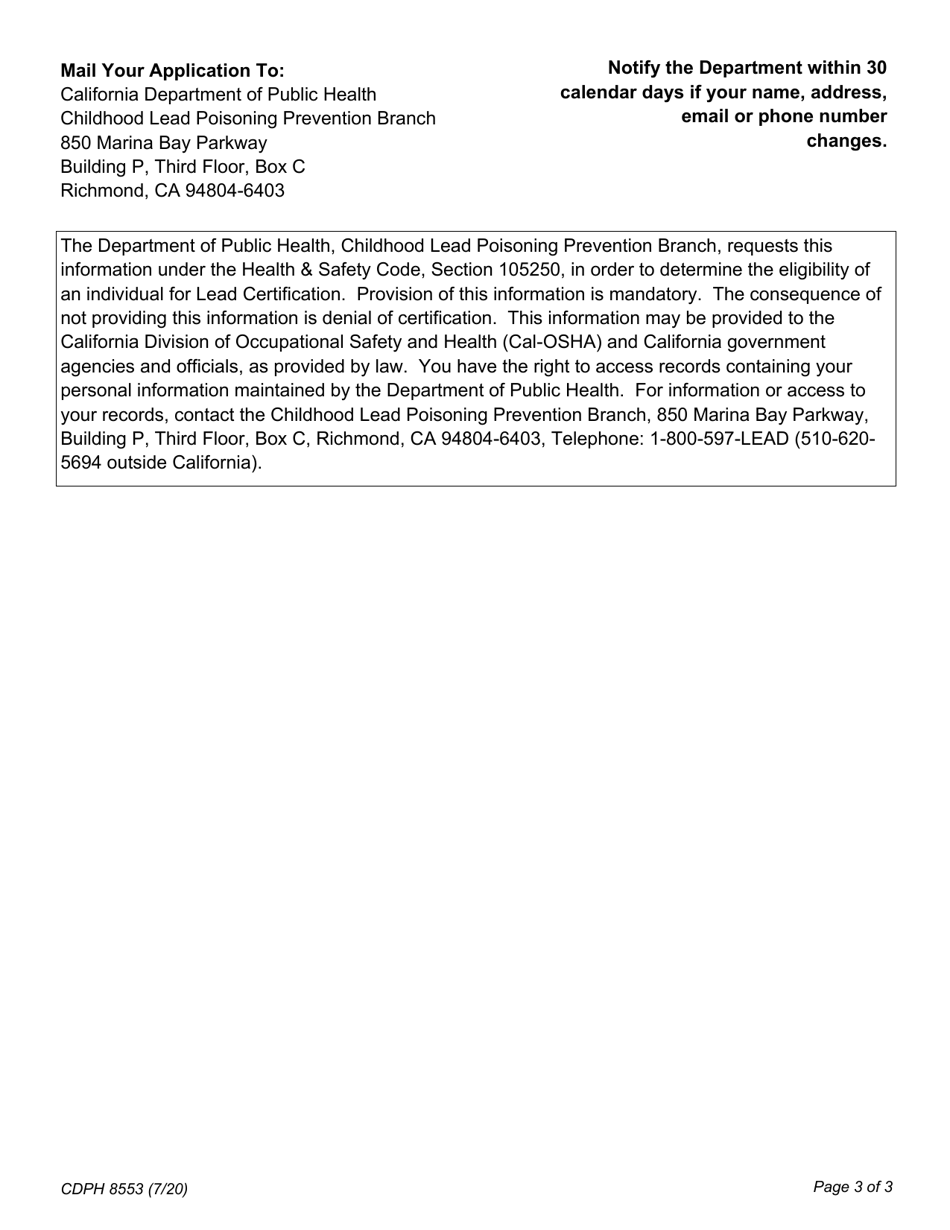 Form CDPH8553 Renewal of Lead Certification - California, Page 5