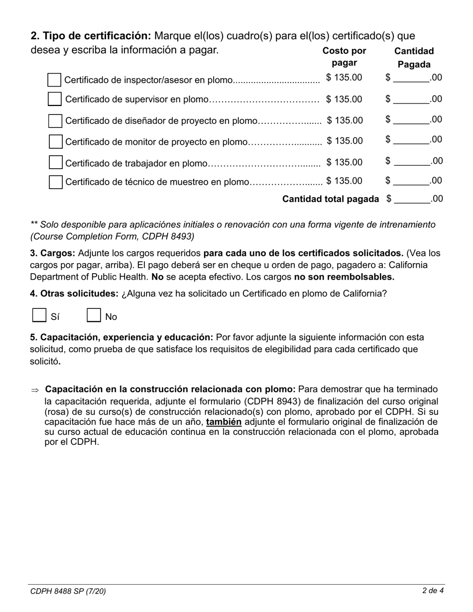 Formulario CDPH8488 SP Solicitud Para Certificacion De Plomo - California (Spanish), Page 4