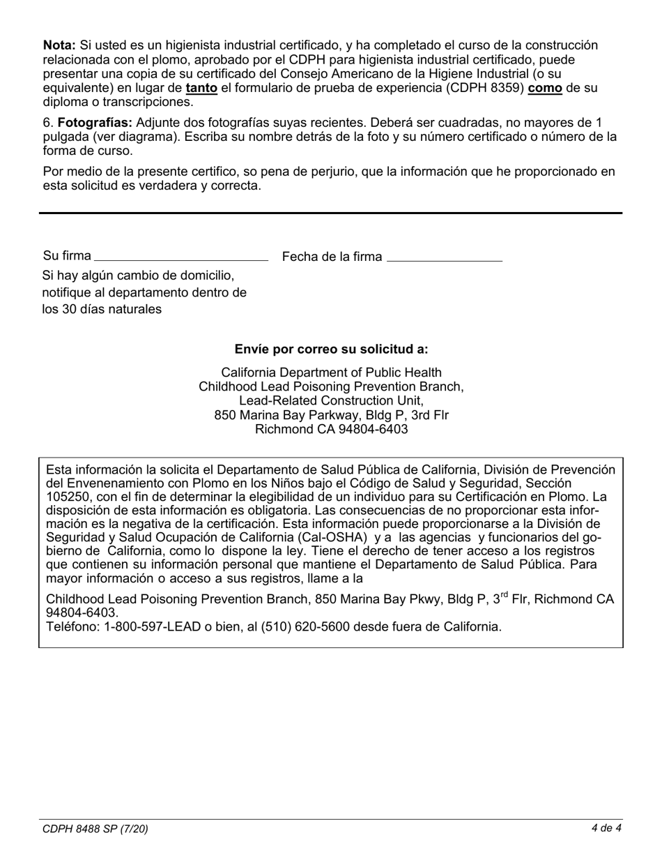 Formulario CDPH8488 SP Solicitud Para Certificacion De Plomo - California (Spanish), Page 6