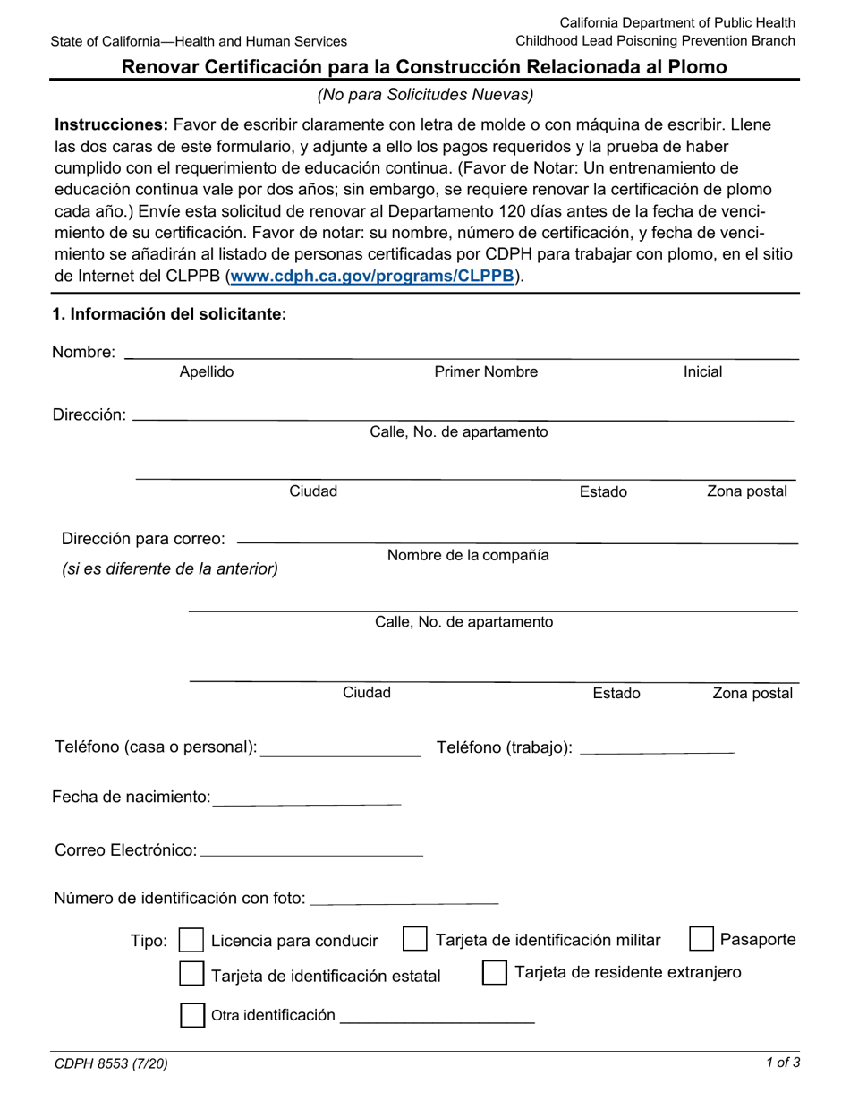 Formulario CDPH8553 SP Renovar Certificacion Para La Construccion Relacionada Al Plomo - California (Spanish), Page 4