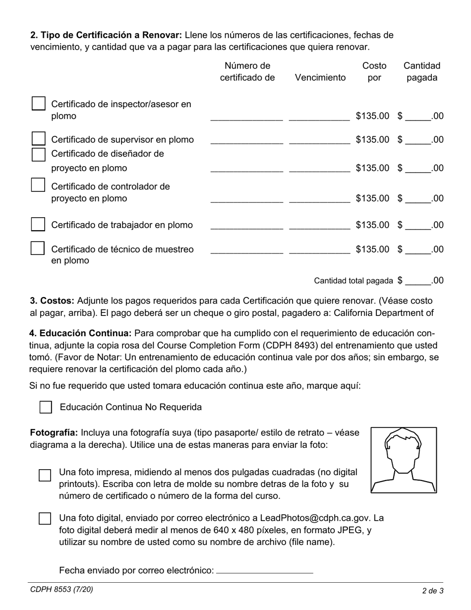 Formulario CDPH8553 SP Renovar Certificacion Para La Construccion Relacionada Al Plomo - California (Spanish), Page 5