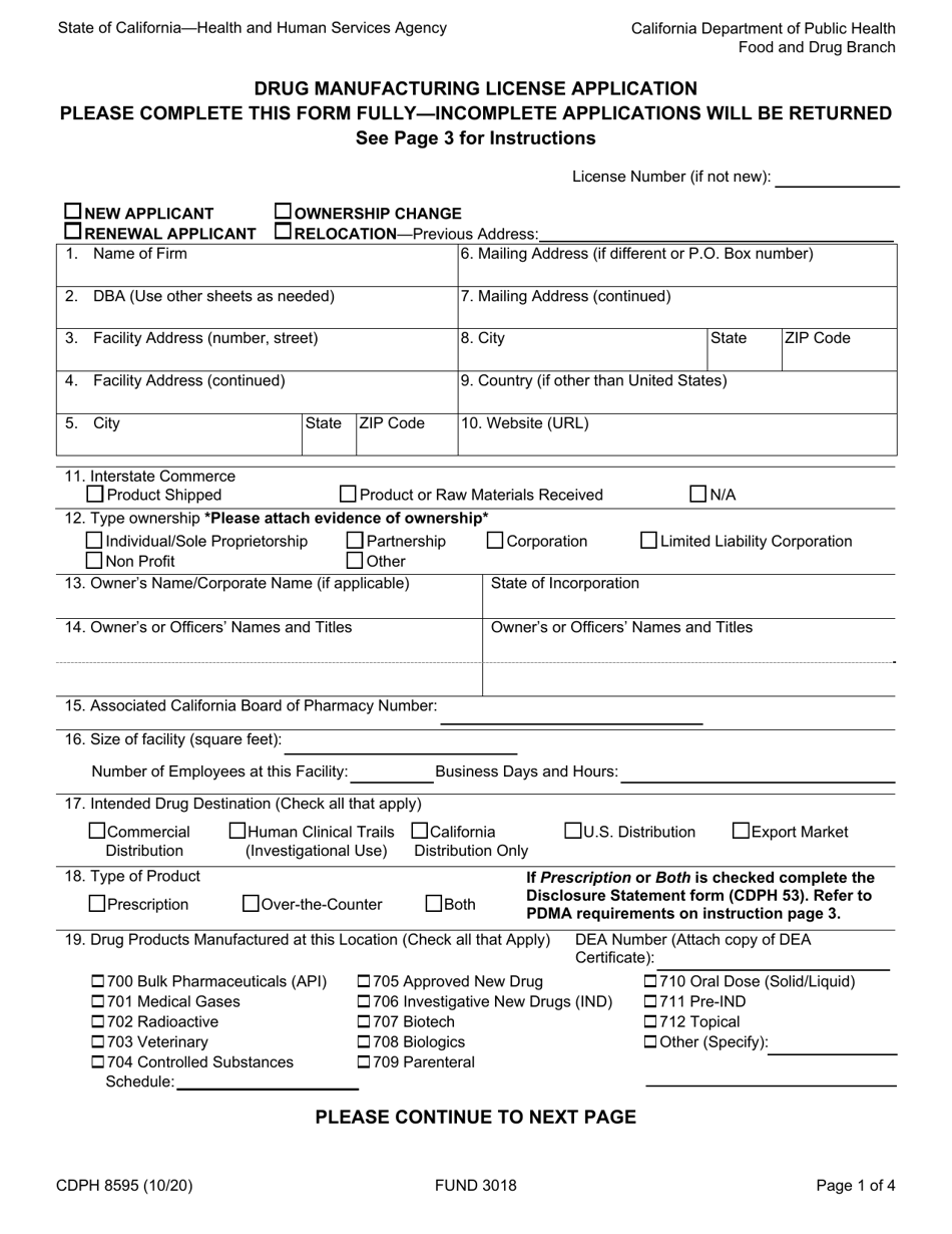 Form CDPH8595 Drug Manufacturing License Application - California, Page 1