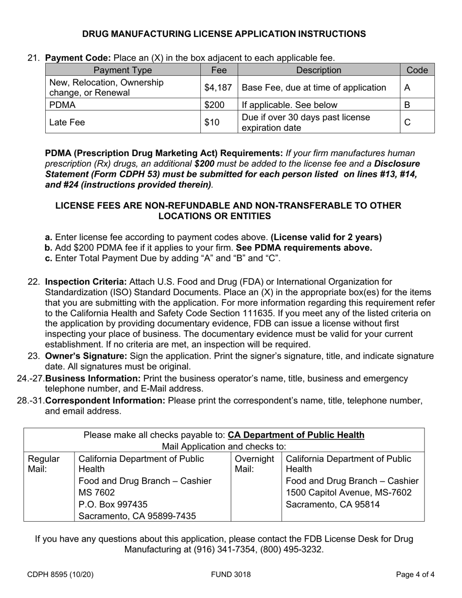 Form CDPH8595 Drug Manufacturing License Application - California, Page 4