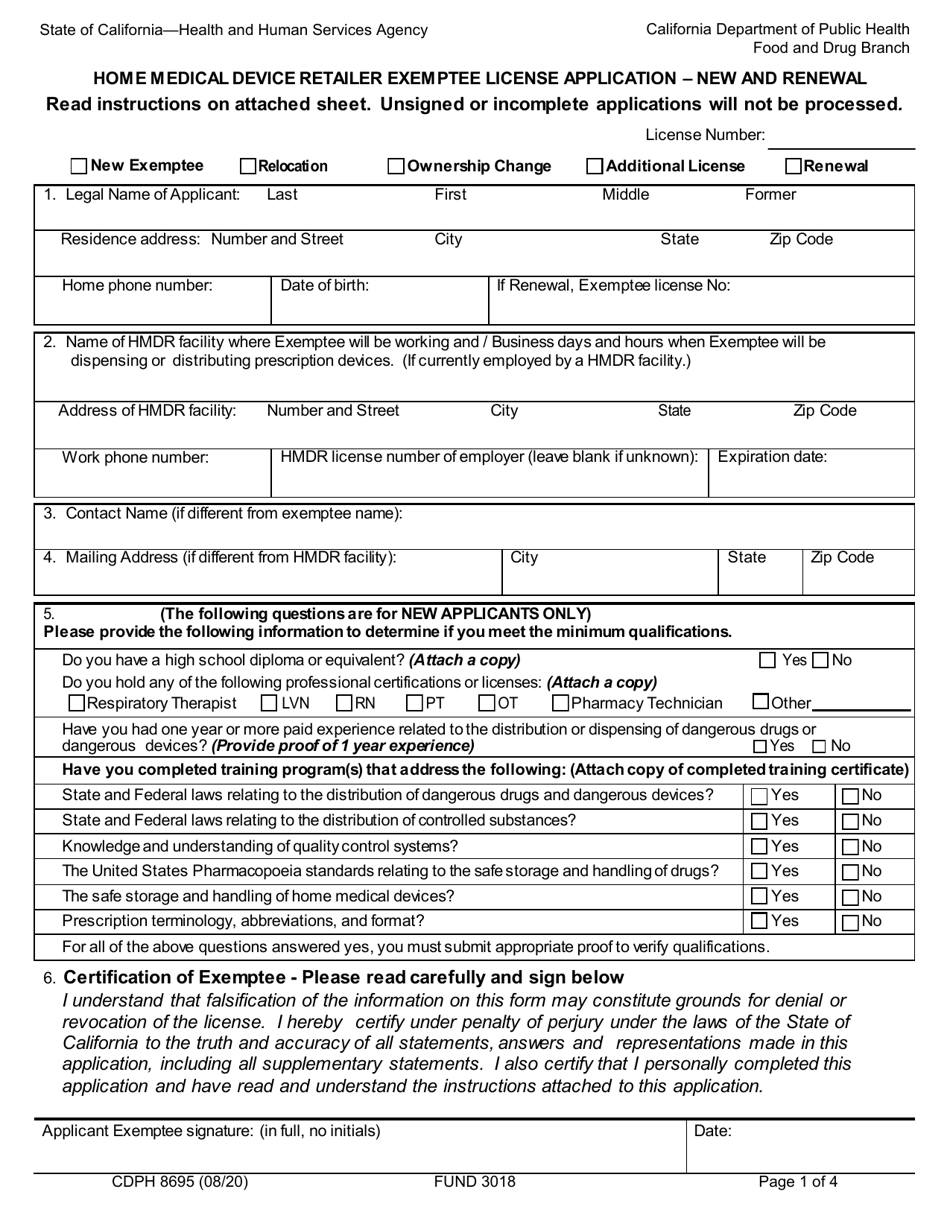 Form CDPH8695 Download Fillable PDF or Fill Online Home Medical Device ...