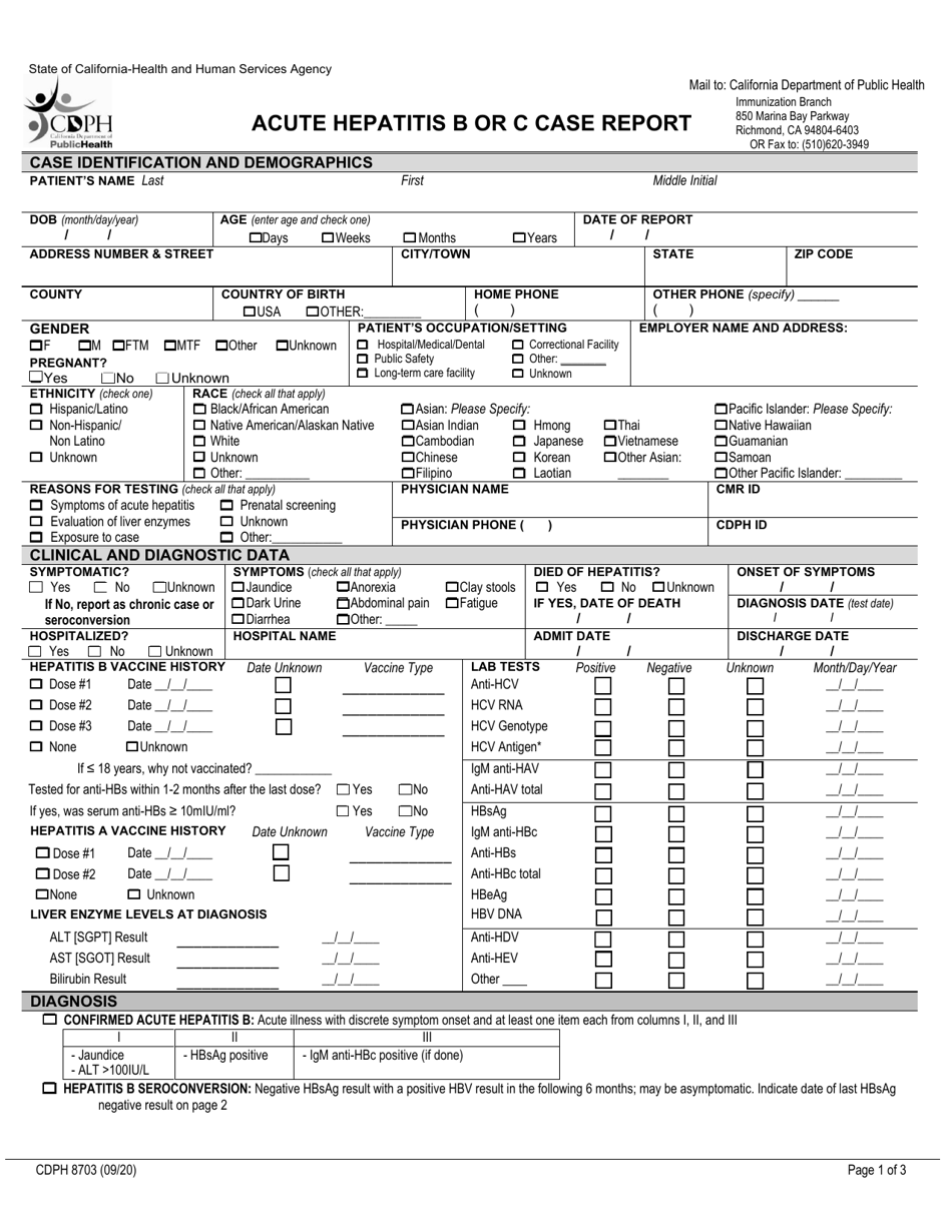 Form CDPH8703 Acute Hepatitis B or C Case Report - California, Page 1