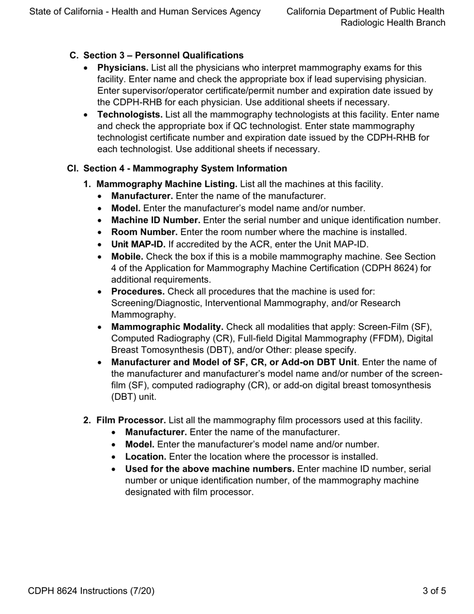 Instructions for Form CDPH8624 Application for Mammography Machine Certification - California, Page 3