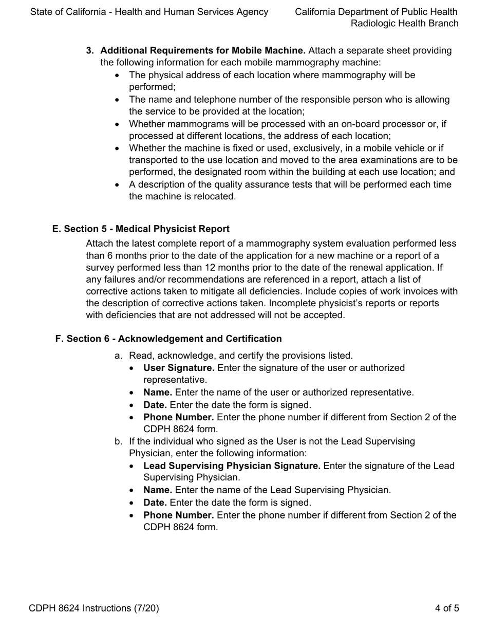 Instructions for Form CDPH8624 Application for Mammography Machine Certification - California, Page 4