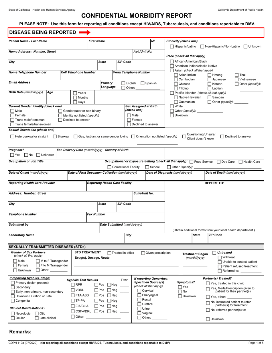 Form CDPH110A Confidential Morbidity Report - California, Page 1