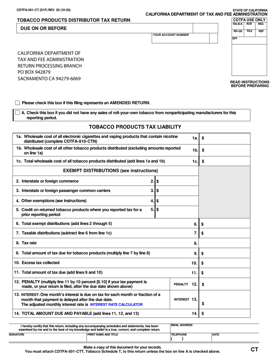 Form CDTFA-501-CT Tobacco Products Distributor Tax Return - California, Page 1