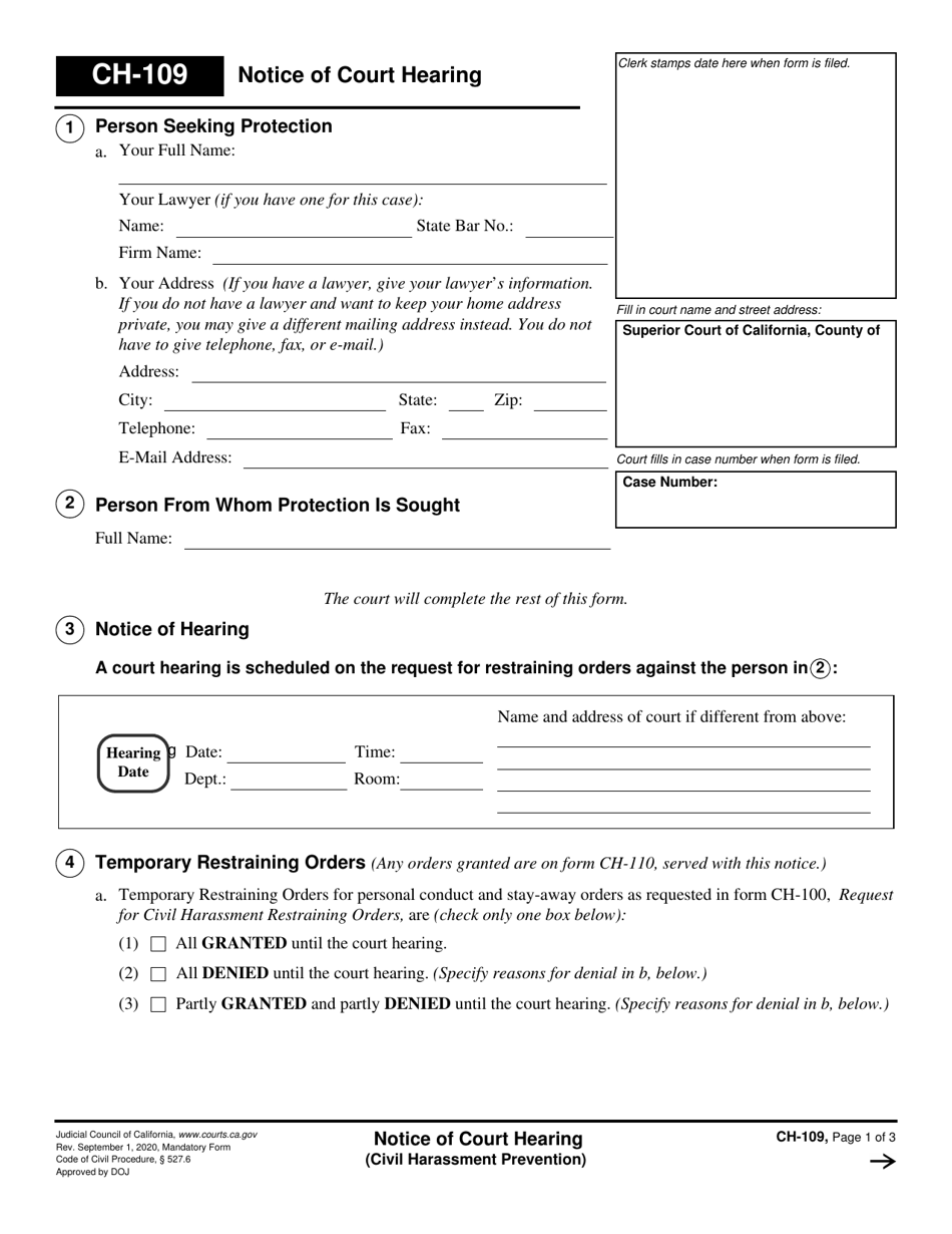 Form CH-109 Notice of Court Hearing - California, Page 1