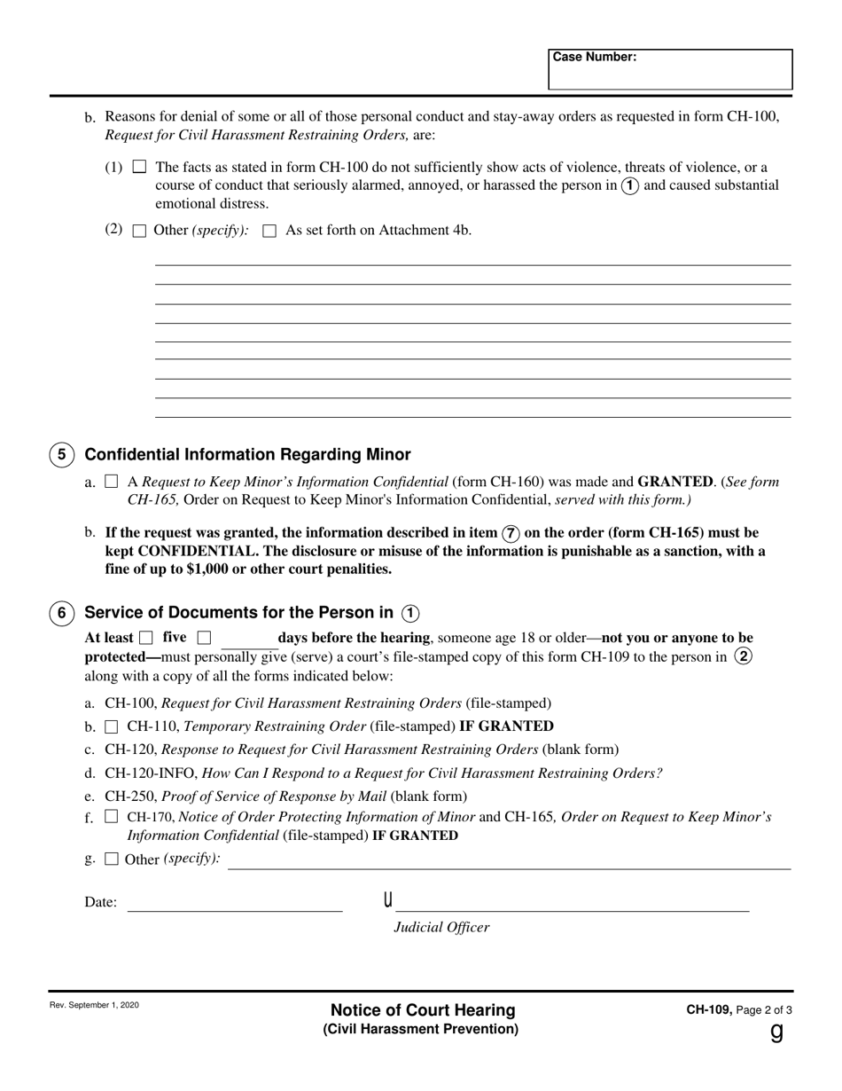 Form CH-109 Notice of Court Hearing - California, Page 2