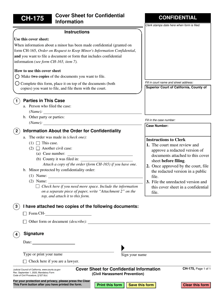 Form CH-175 Cover Sheet for Confidential Information - California, Page 1