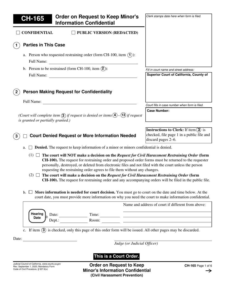 Form CH-165 Order on Request to Keep Minors Information Confidential - California, Page 1
