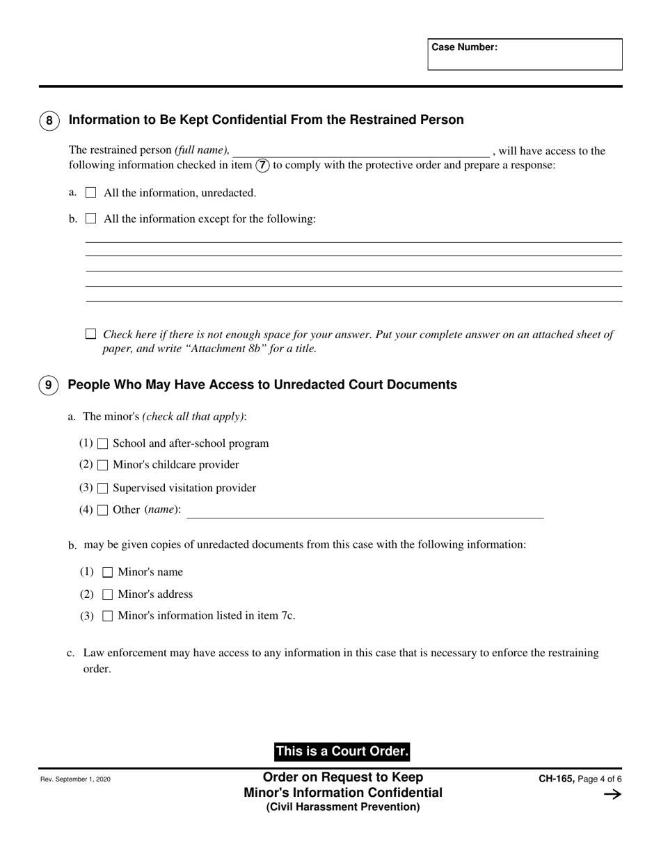 Form CH-165 Order on Request to Keep Minors Information Confidential - California, Page 4
