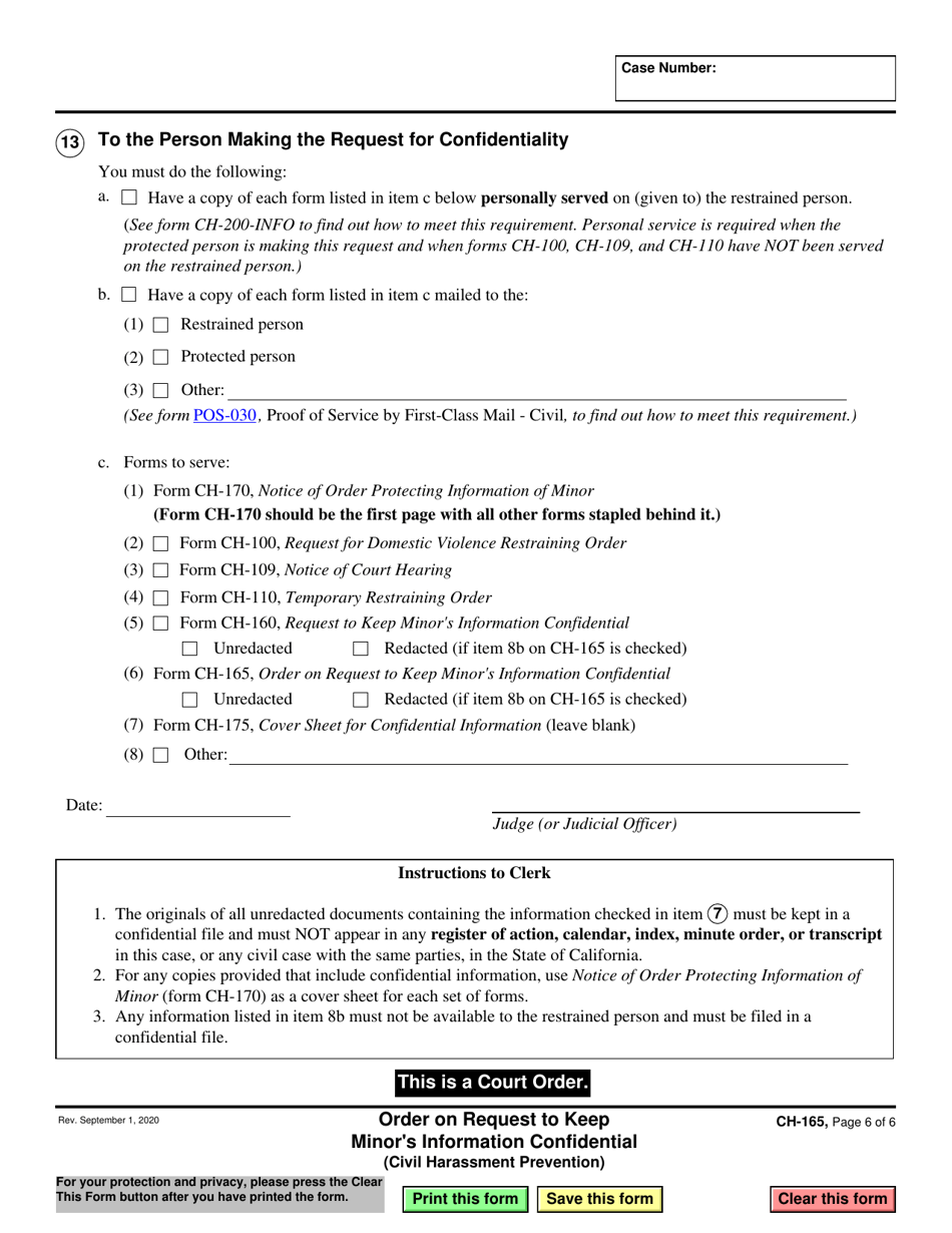 Form CH-165 Order on Request to Keep Minors Information Confidential - California, Page 6