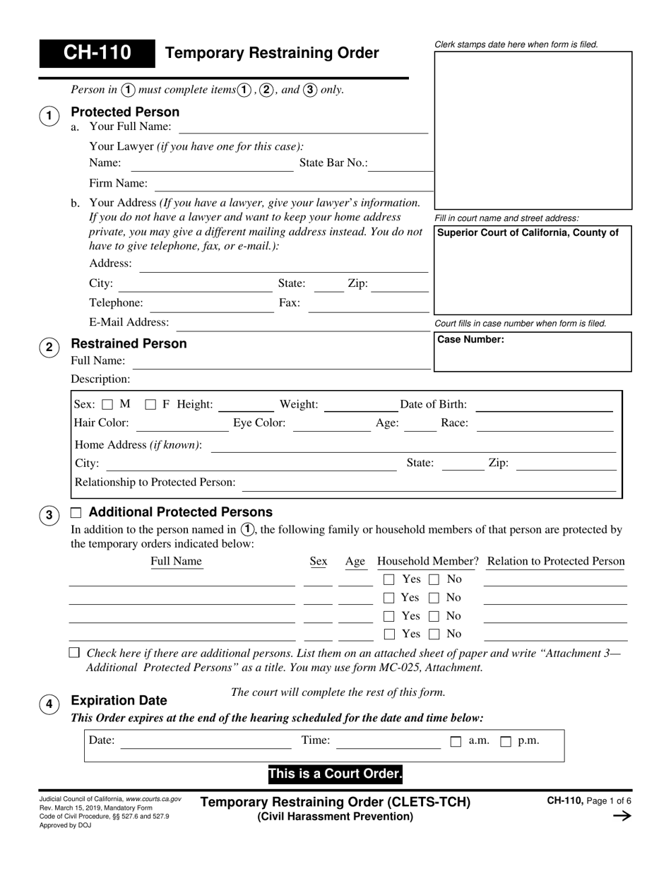 Form CH-110 Temporary Restraining Order - California, Page 1