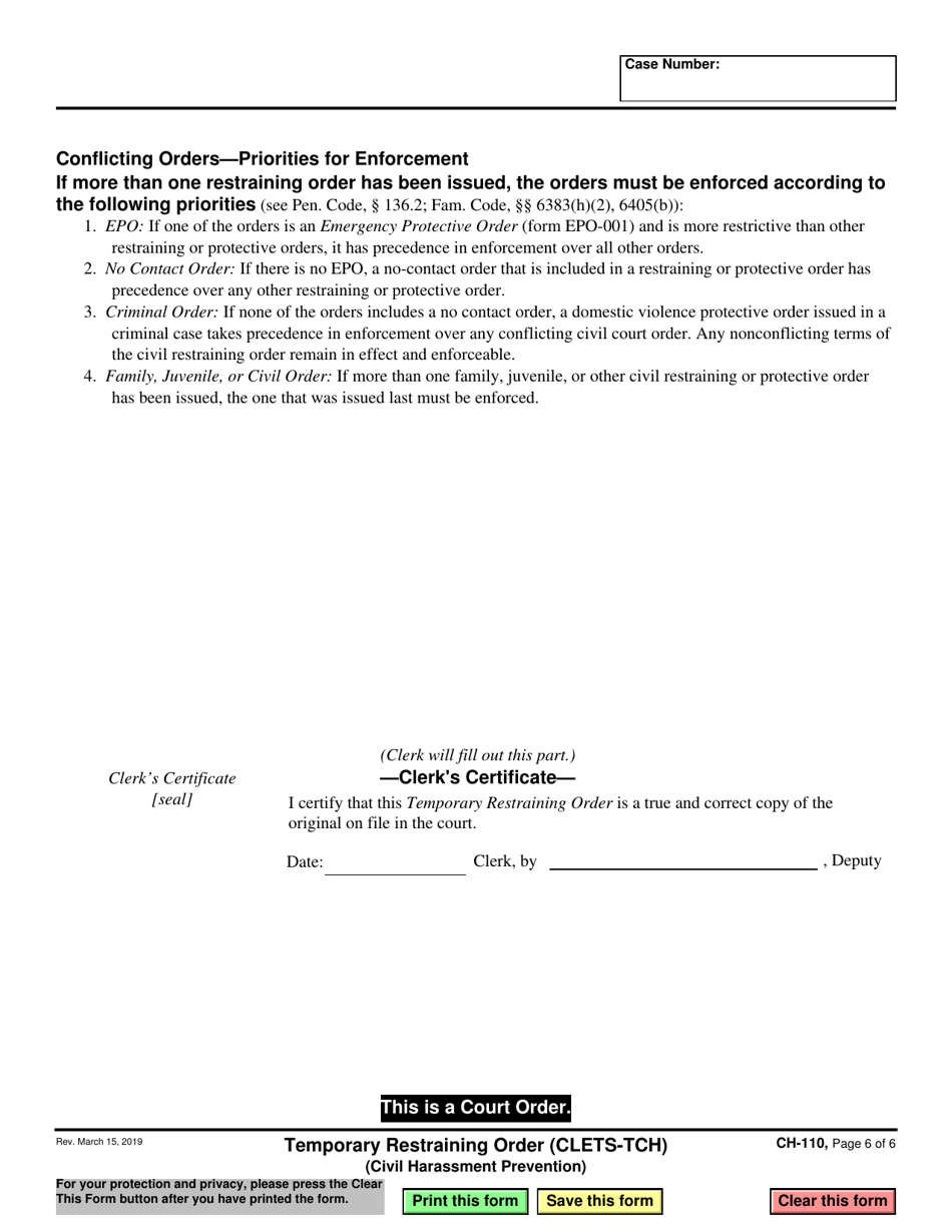 Form CH-110 Temporary Restraining Order - California, Page 6