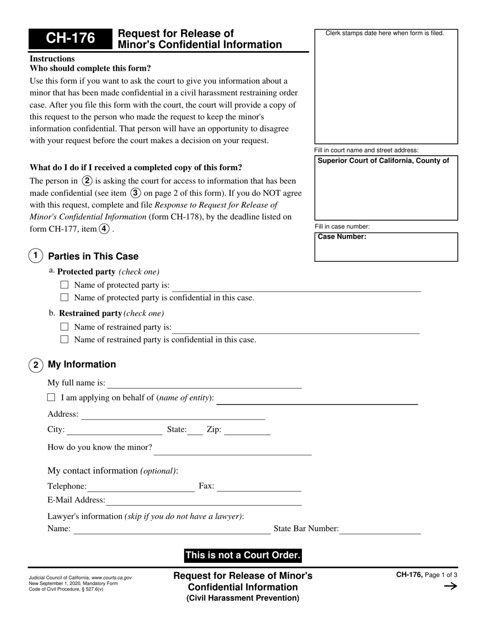 Form CH-176 Request for Release of Minors Confidential Information - California, Page 1
