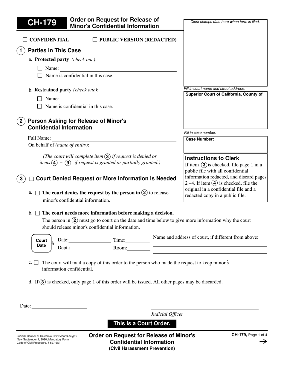 Form CH-179 Order on Request for Release of Minors Confidential Information - California, Page 1