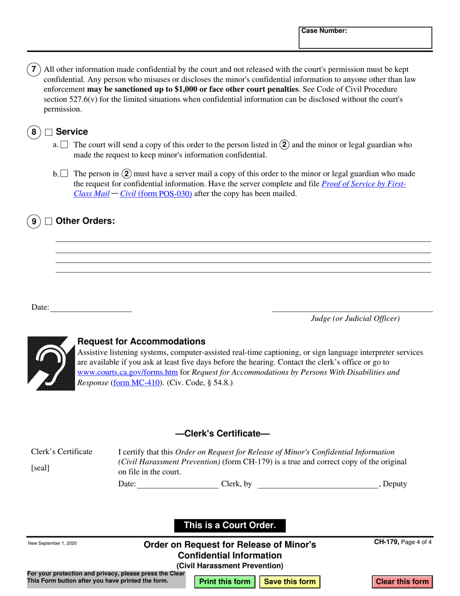 Form CH-179 Order on Request for Release of Minors Confidential Information - California, Page 4