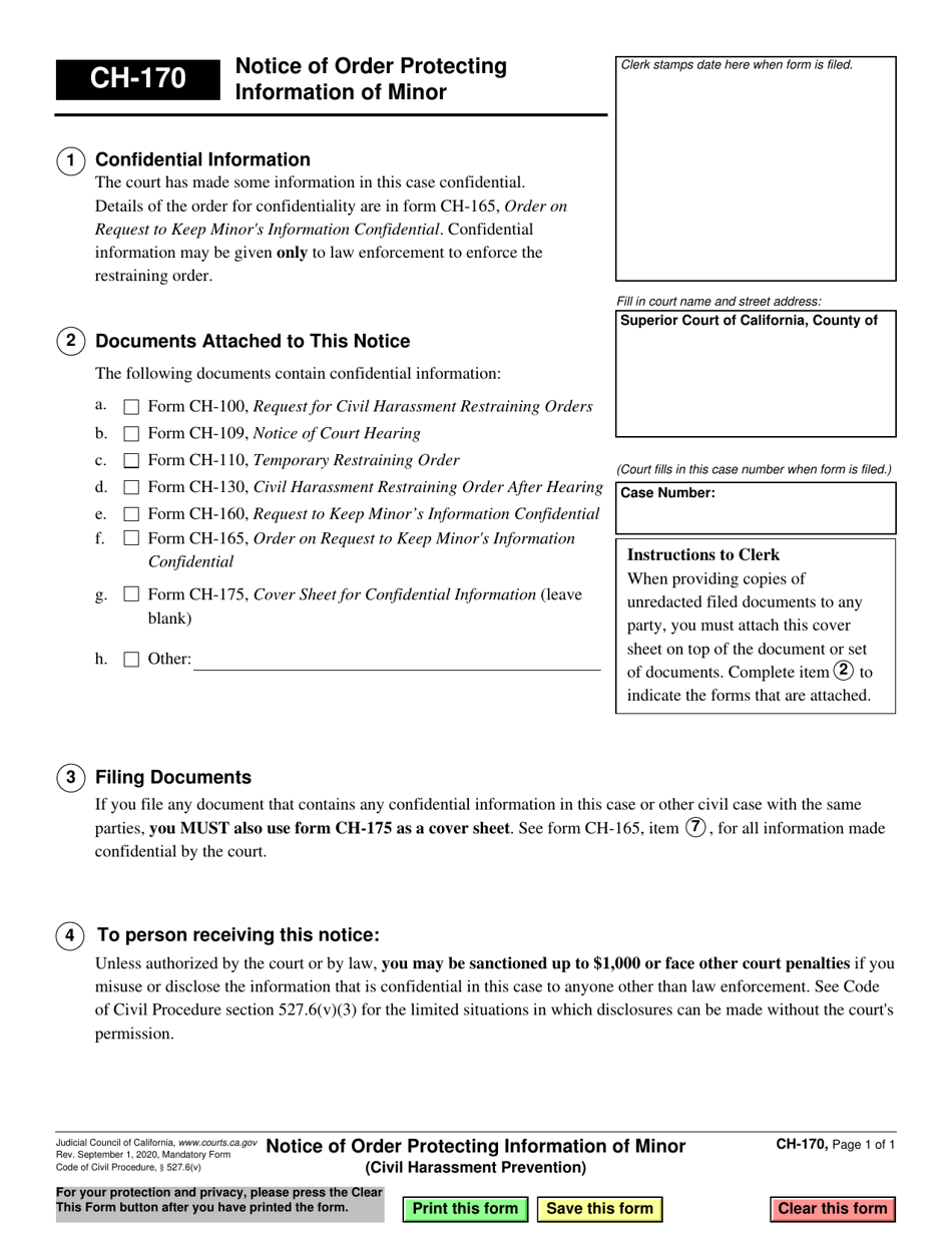 Form CH-170 Notice of Order Protecting Information of Minor - California, Page 1