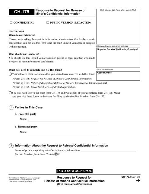 Form CH-178 Response to Request for Release of Minor's Confidential Information - California