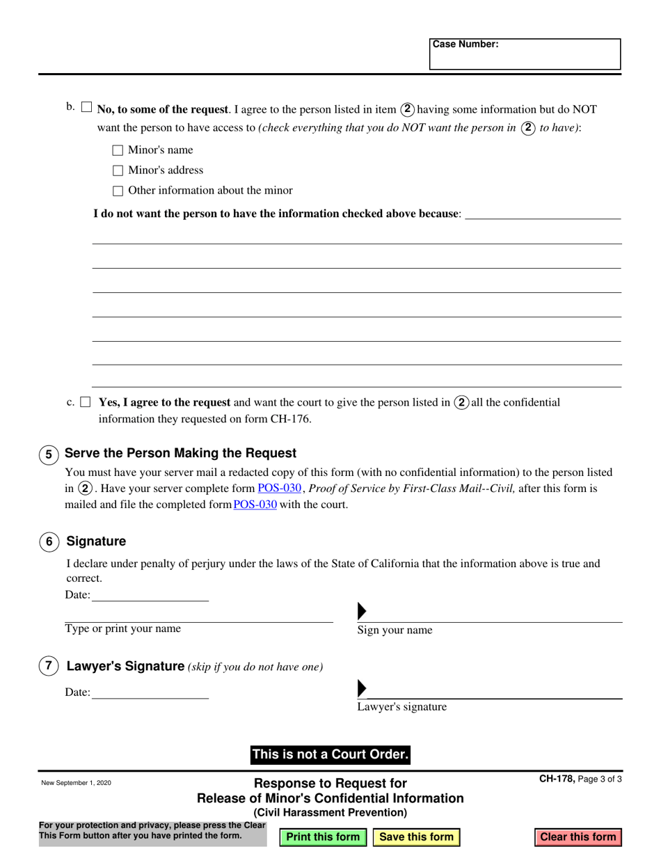 Form CH-178 Response to Request for Release of Minors Confidential Information - California, Page 3