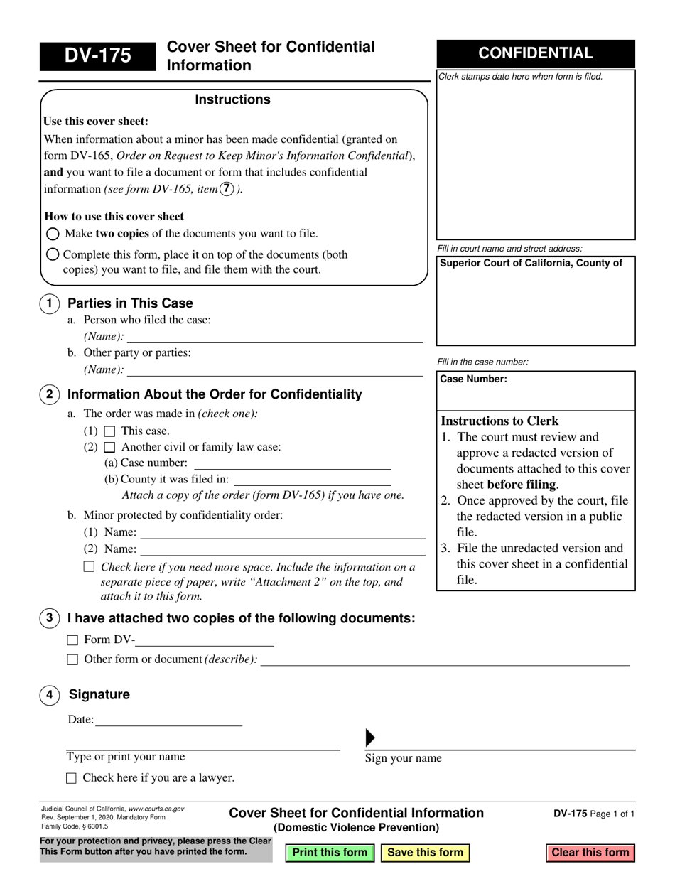 Form DV-175 Cover Sheet for Confidential Information - California, Page 1