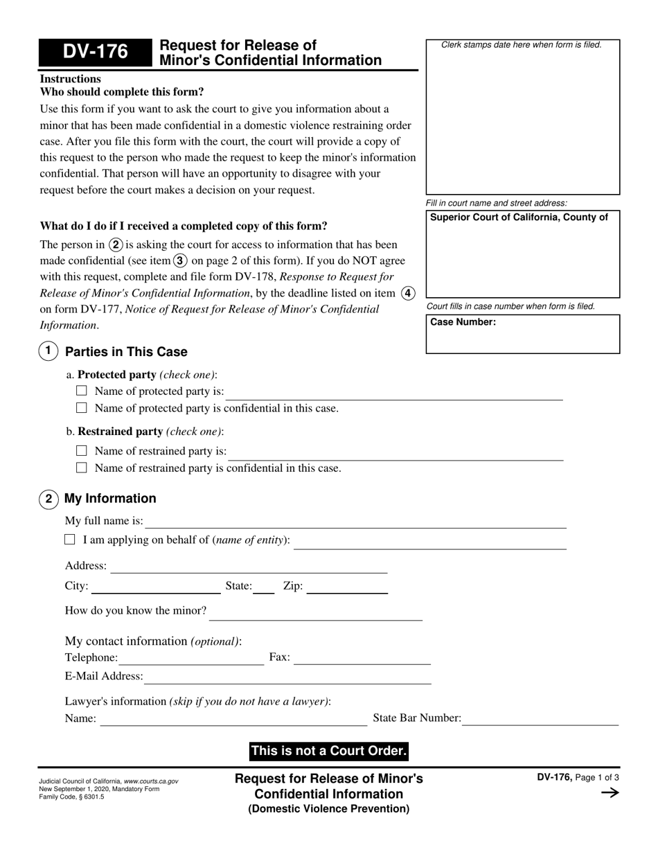 Form DV-176 Request for Release of Minors Confidential Information - California, Page 1